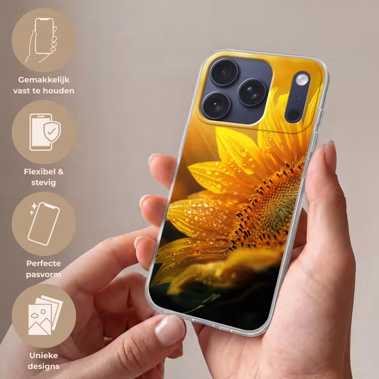 Zonnebloem - Dauwdruppels - Geel - Zonlicht Telefoonhoesje iPhone 17 Pro klein -sfeer3_NL