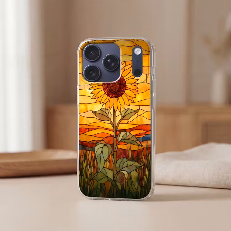 Zonnebloem - Mozaïek - Zonsondergang - Geel Telefoonhoesje iPhone 17 Pro klein -sfeer2