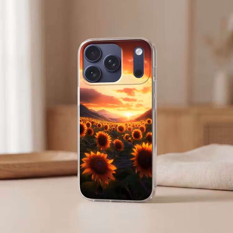 Zonnebloemen - Zonsondergang - Landschap Telefoonhoesje iPhone 17 Pro klein -sfeer2
