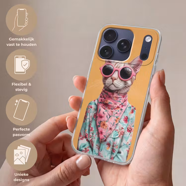 Zonnebril - Kat - Sjaal - Bloemen Telefoonhoesje iPhone 17 Pro klein -sfeer3_NL