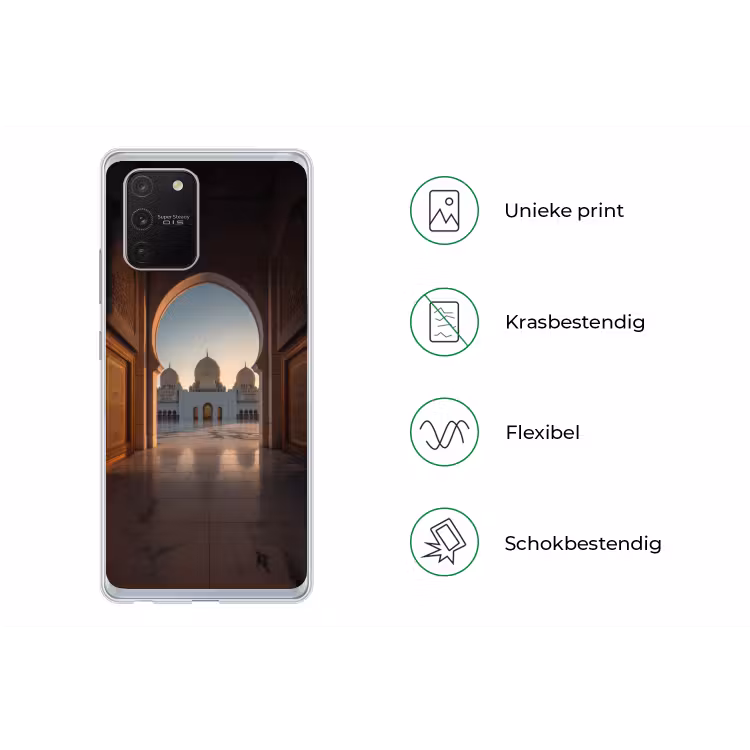 Zonsopkomst - Witte koepels - Plein - Moskee Telefoonhoesje Samsung Galaxy S10 Lite klein -specsS10Lite