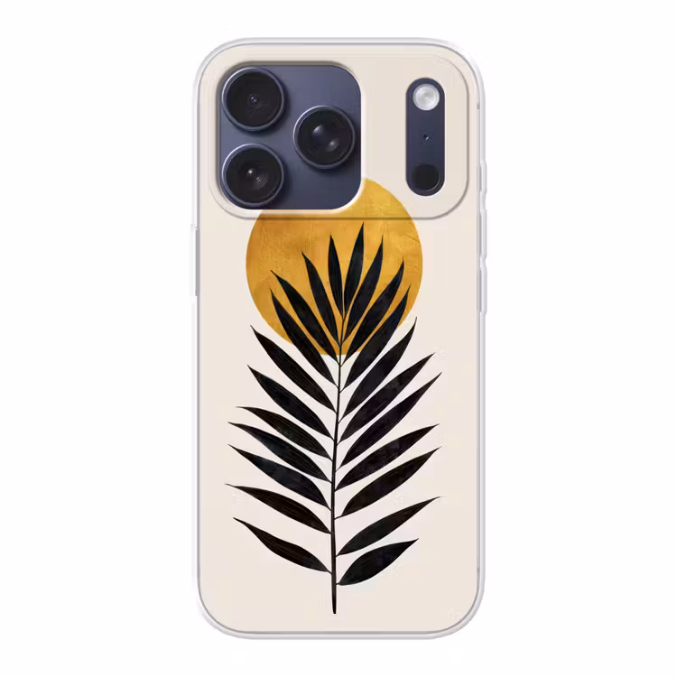 Zwart palmblad - Gouden cirkel - Beige achtergrond Telefoonhoesje iPhone 17 Pro klein -3d