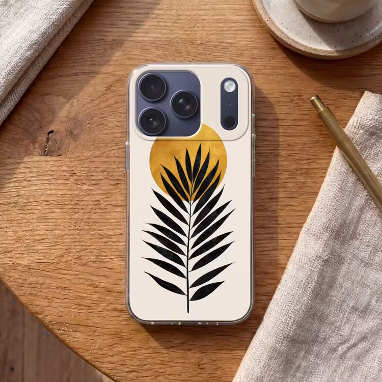 Zwart palmblad - Gouden cirkel - Beige achtergrond Telefoonhoesje iPhone 17 Pro klein -sfeer1