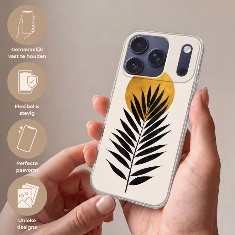 Zwart palmblad - Gouden cirkel - Beige achtergrond Telefoonhoesje iPhone 17 Pro klein -sfeer3_NL