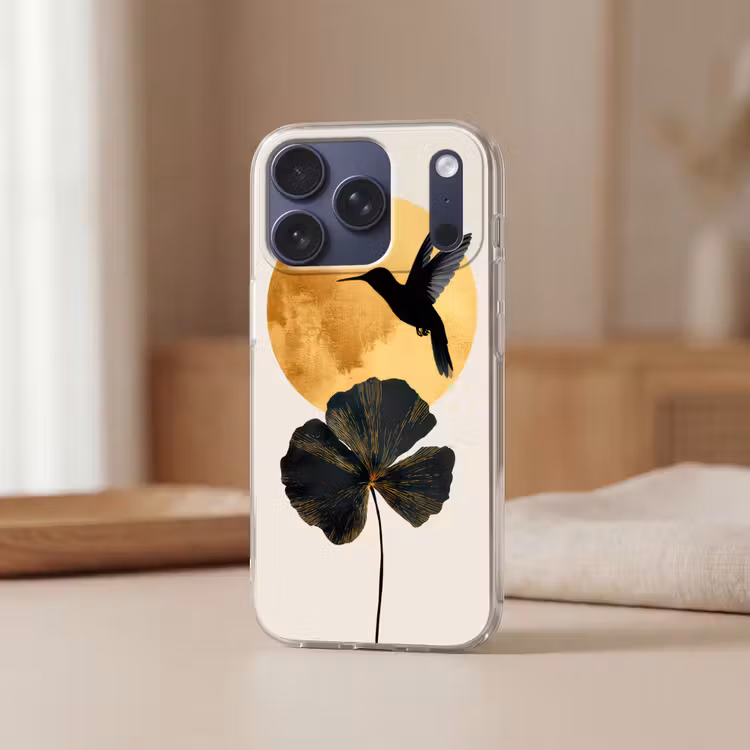 Zwarte kolibrie - Bloem - Gouden cirkel Telefoonhoesje iPhone 17 Pro klein -sfeer2
