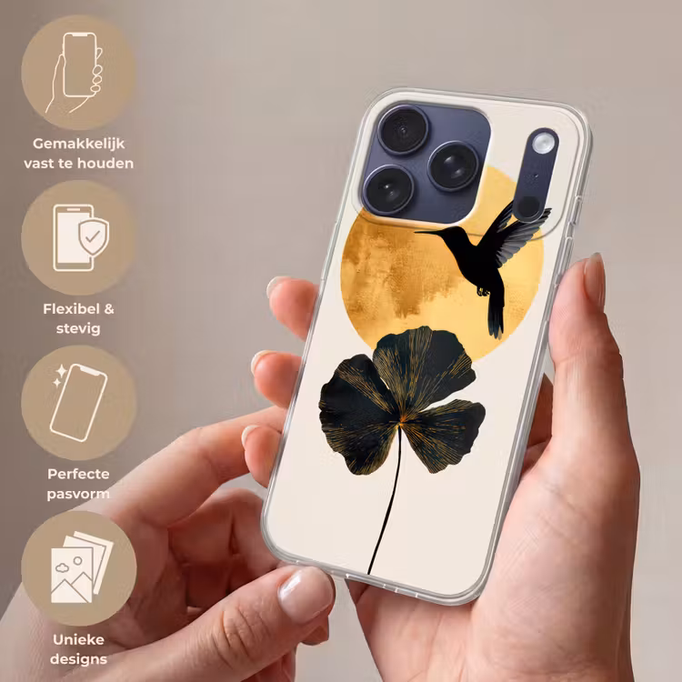 Zwarte kolibrie - Bloem - Gouden cirkel Telefoonhoesje iPhone 17 Pro klein -sfeer3_NL