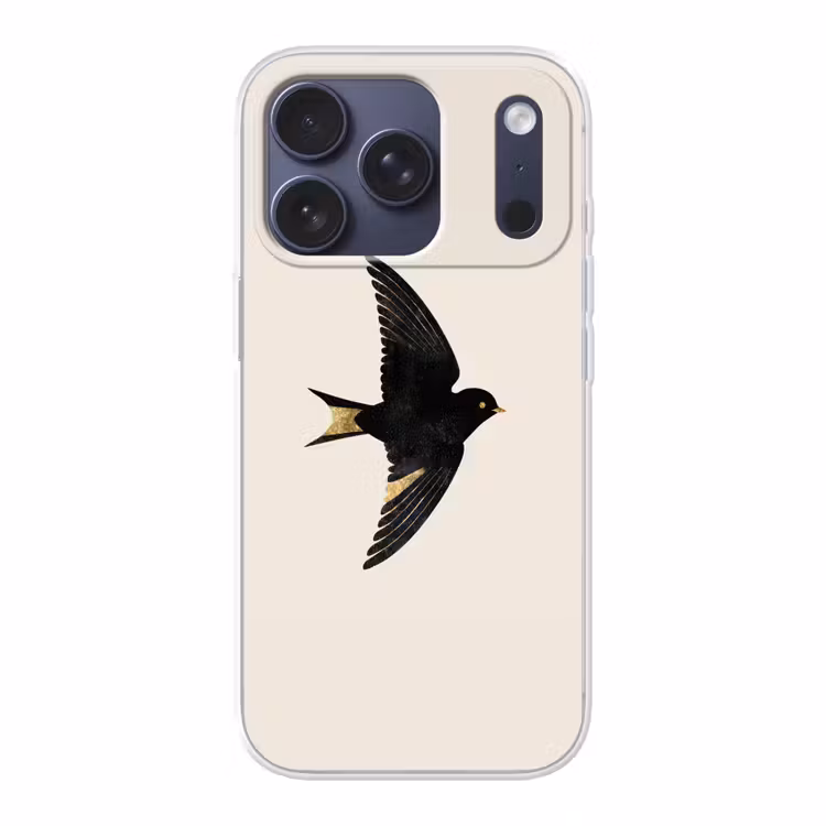 Zwarte zwaluw - Gouden accenten - Lichte achtergrond Telefoonhoesje iPhone 17 Pro klein -3d
