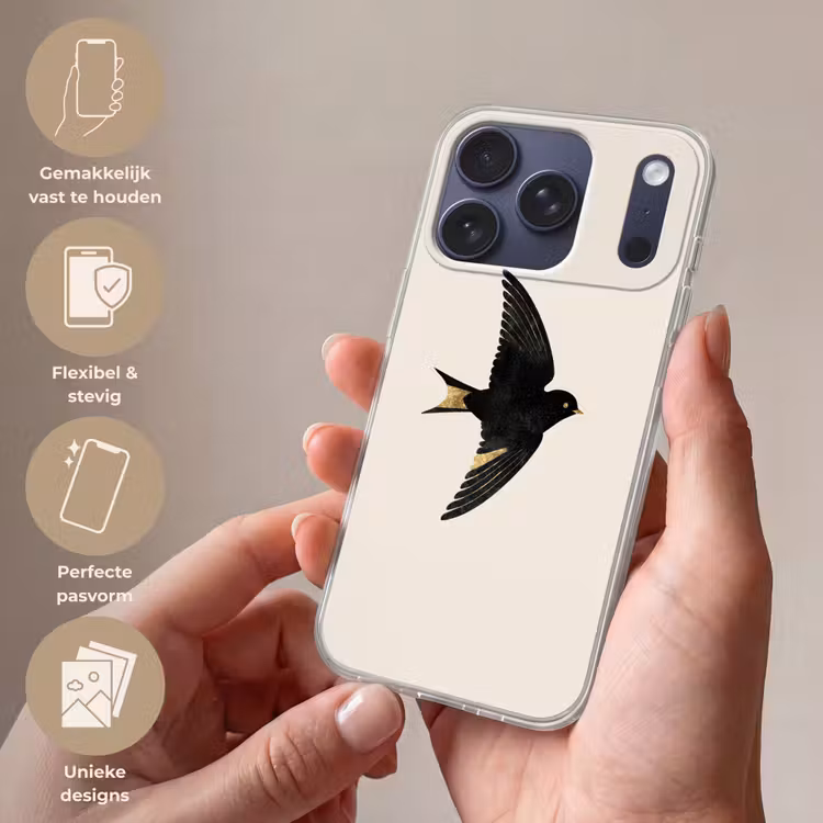 Zwarte zwaluw - Gouden accenten - Lichte achtergrond Telefoonhoesje iPhone 17 Pro klein -sfeer3_NL