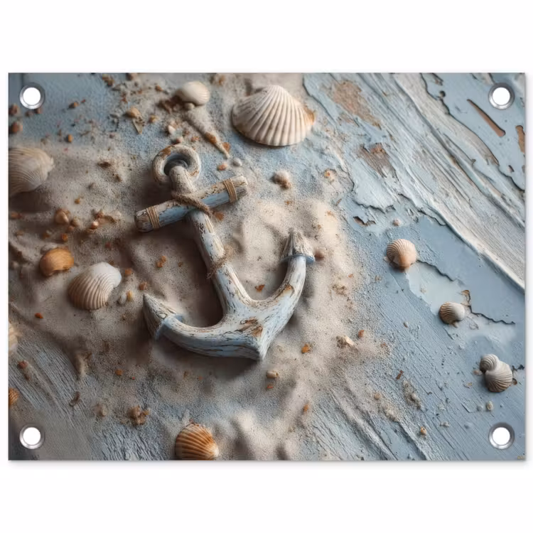Anker - Hout - Schelpen - Zand tuinposter los doek klein -3d