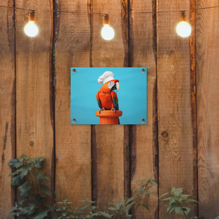 Ara - Koksmuts - Sokkel - Grappig tuinposter los doek klein -sfeer1