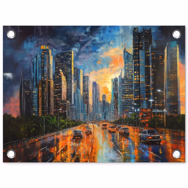 Auto - Skyline - Zon - Blauw tuinposter los doek klein -3d