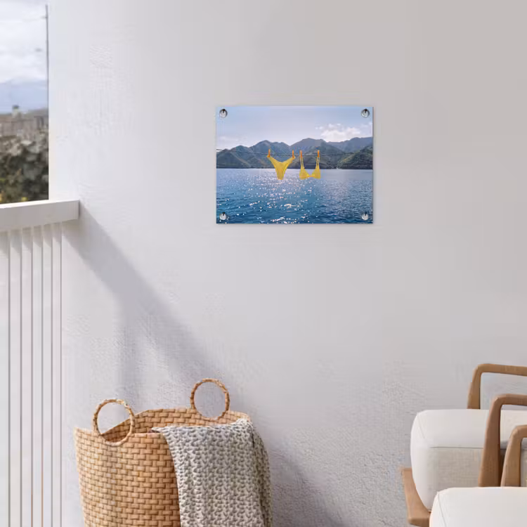 Badmode - Bikini - Zee - Bergen - Geel tuinposter los doek klein -sfeer8