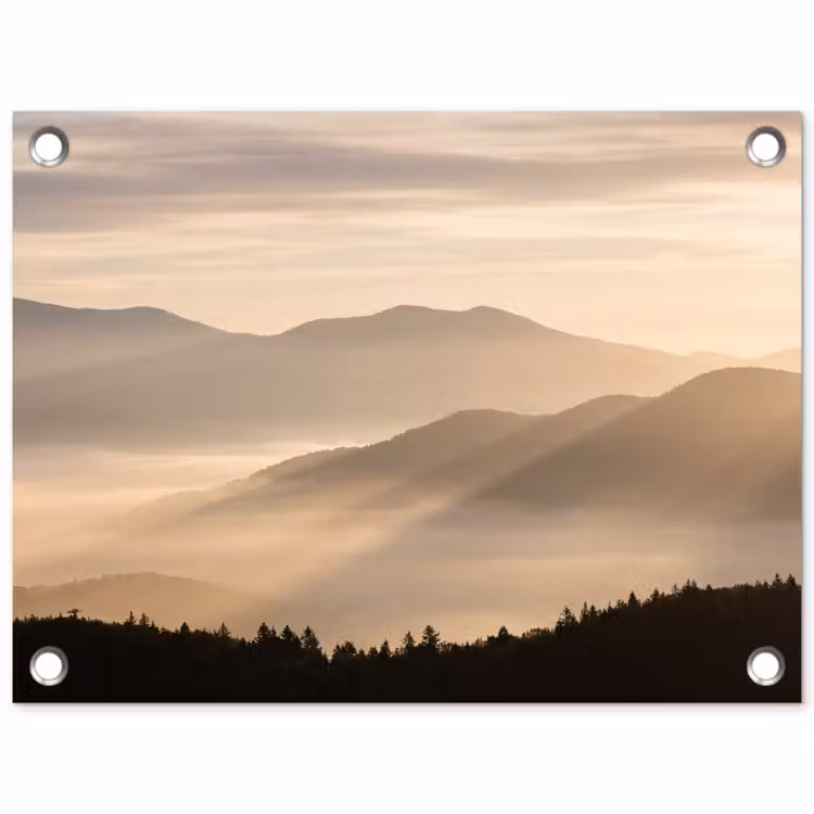 Bergen - Mist - Zonnestralen tuinposter los doek klein -3d