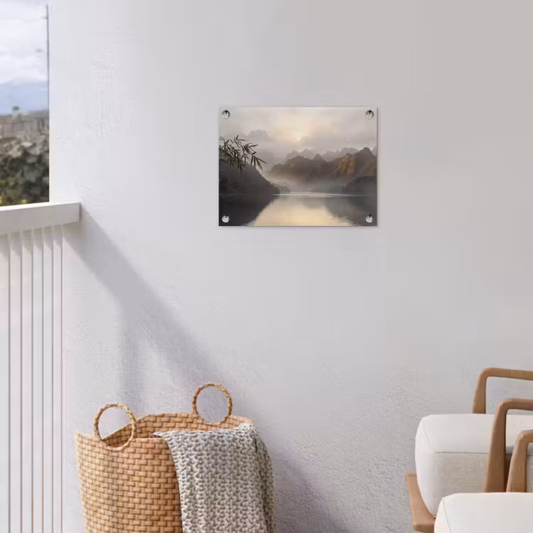 Bergen - Water - Mist - Natuur - Landschap tuinposter los doek klein -sfeer8