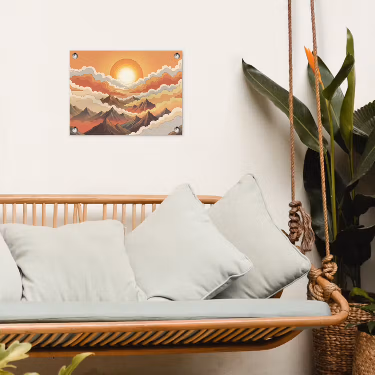 Bergen - Wolken - Natuur - Zonsopgang - Oranje tuinposter los doek klein -sfeer7