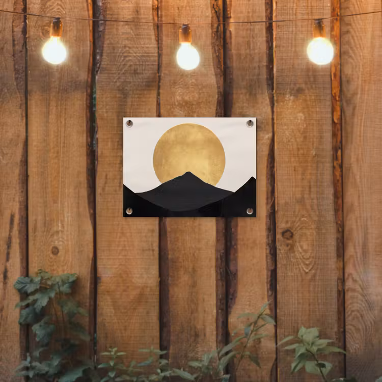 Bergsilhouetten - Gouden cirkel - Beige tuinposter los doek klein -sfeer1