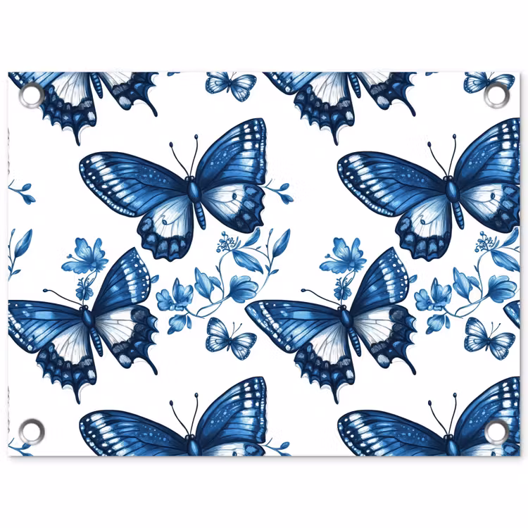 Blauw - Vlinders - Bloemen - Wit tuinposter los doek klein 239 -3d