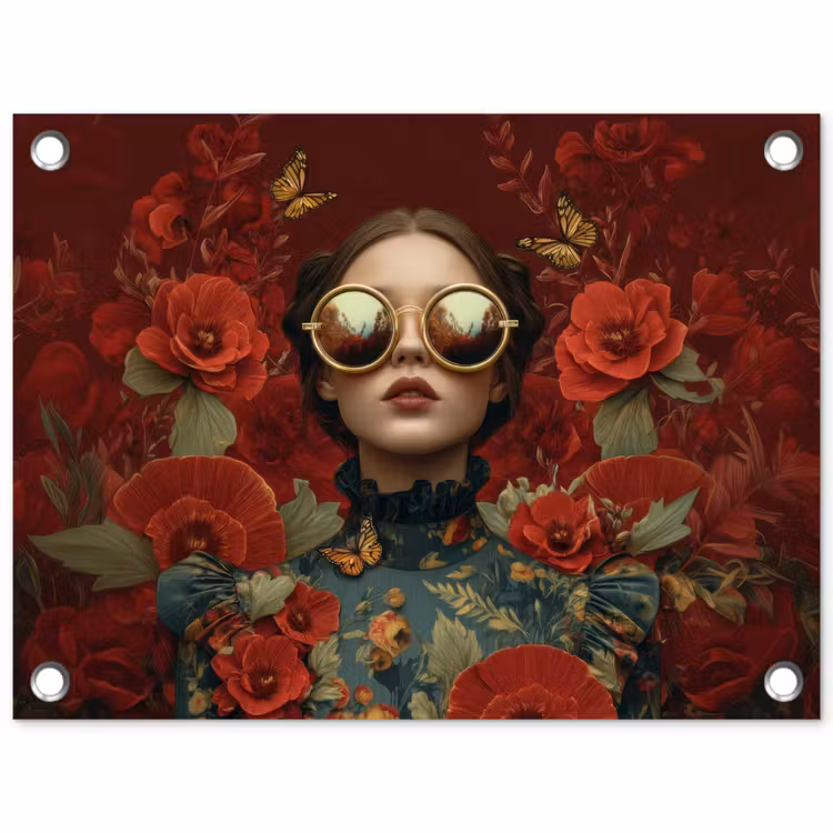 Bloemen - Dieprood - Zonnebril - Vrouw tuinposter los doek klein -3d