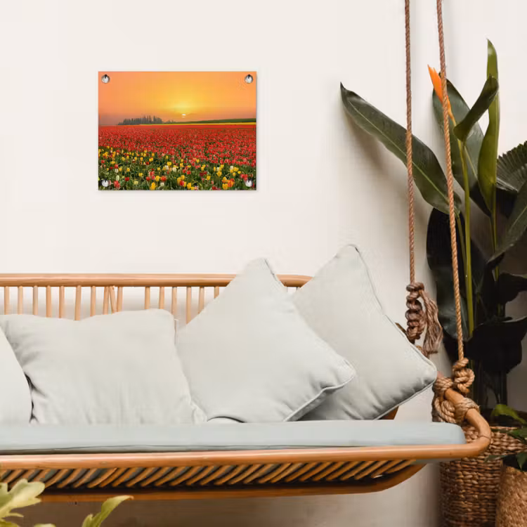 Bloemen - Landschap - Tulpen - Zonsondergang tuinposter los doek klein -sfeer7