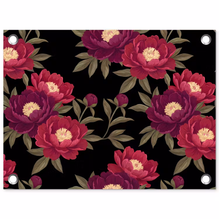 Bloemen - Patroon - Botanisch - Rood - Zwart tuinposter los doek klein -3d
