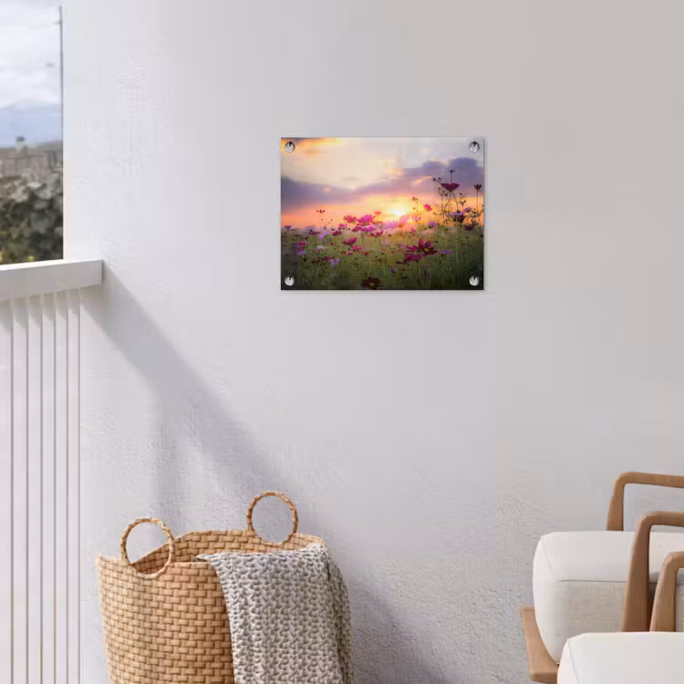 Bloemen - Roze - Zonsondergang - Natuur - Weide - Horizon tuinposter los doek klein -sfeer8