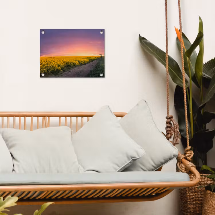 Bloemen - Weg - Lucht - Geel - Paars - Zonsondergang - Natuur tuinposter los doek klein -sfeer7