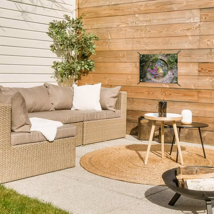 Bloemrijke tuinpoort tuinposter los doek klein -sfeer4