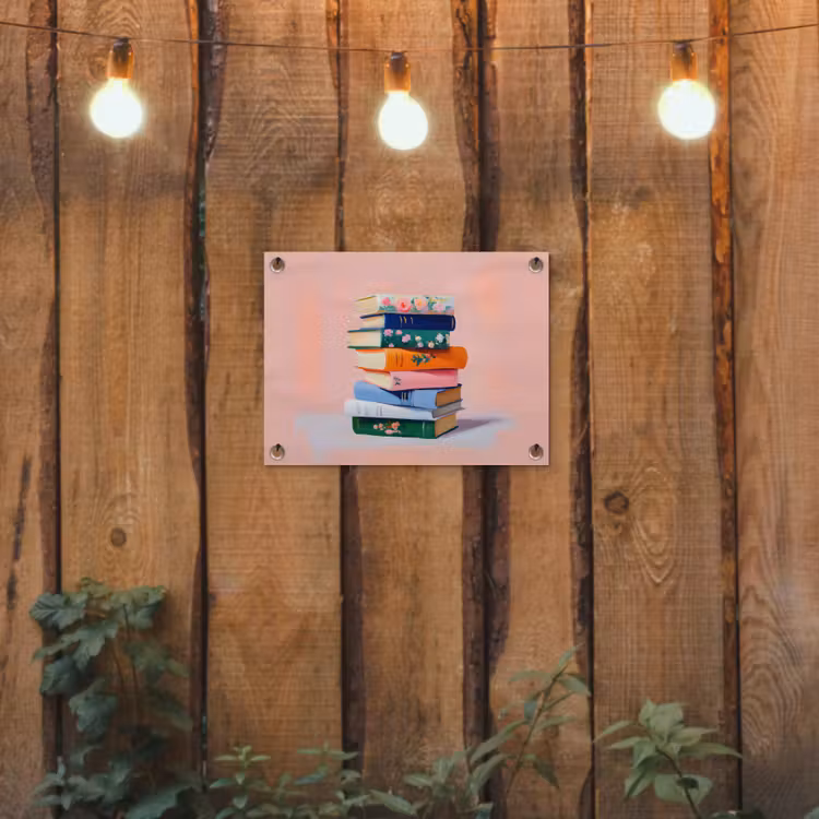 Boeken - Stapel - Kleurrijk tuinposter los doek klein -sfeer1