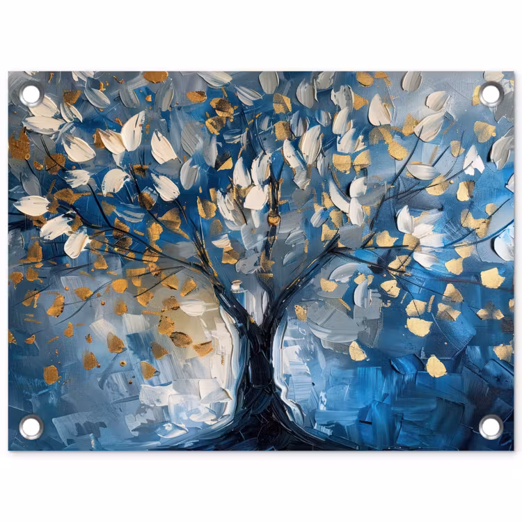 Boom - Blauw - Goud - Abstract tuinposter los doek klein -3d