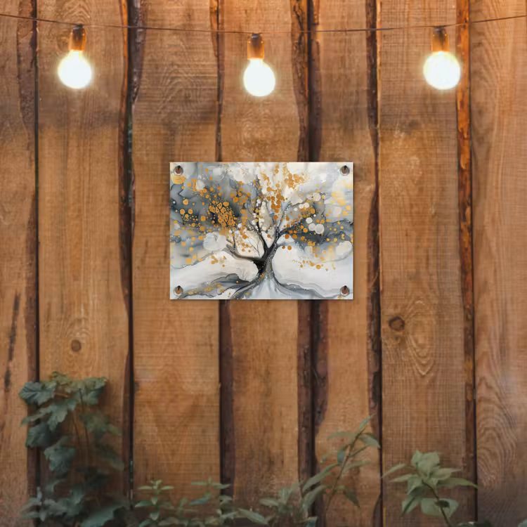 Boom - Modern - Abstract - Goud - Zwart - Wit tuinposter los doek klein -sfeer1