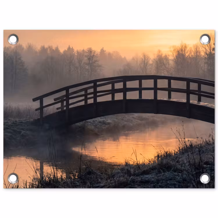 Brug - Mist - Bomen - Water tuinposter los doek klein -3d