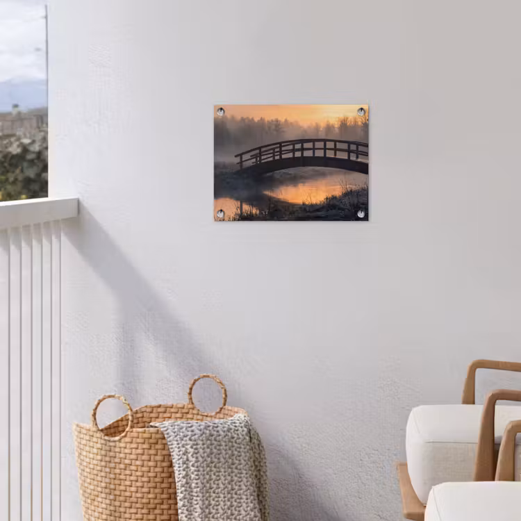 Brug - Mist - Bomen - Water tuinposter los doek klein -sfeer8