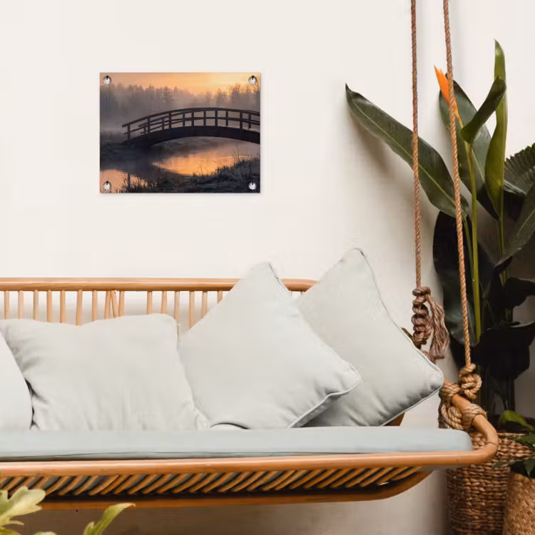Brug - Mist - Bomen - Water tuinposter los doek klein -sfeer7