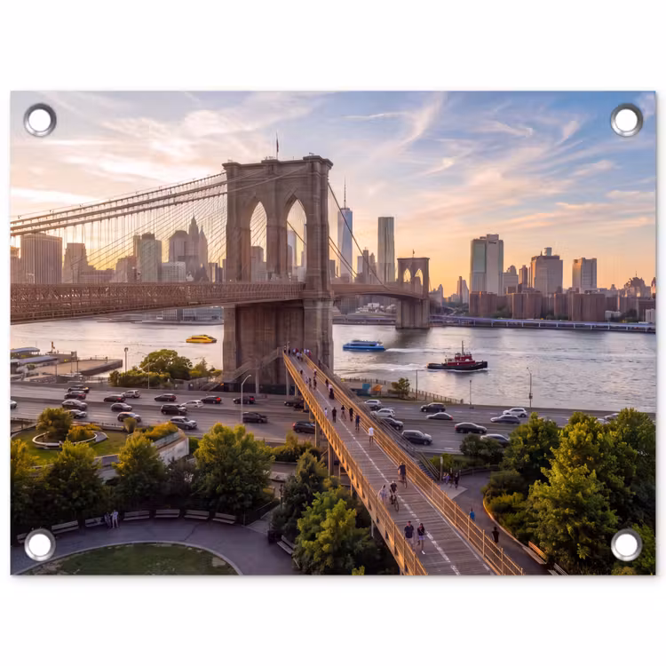Brug - Rivier - Stad - Zonsondergang - Architectuur tuinposter los doek klein -3d