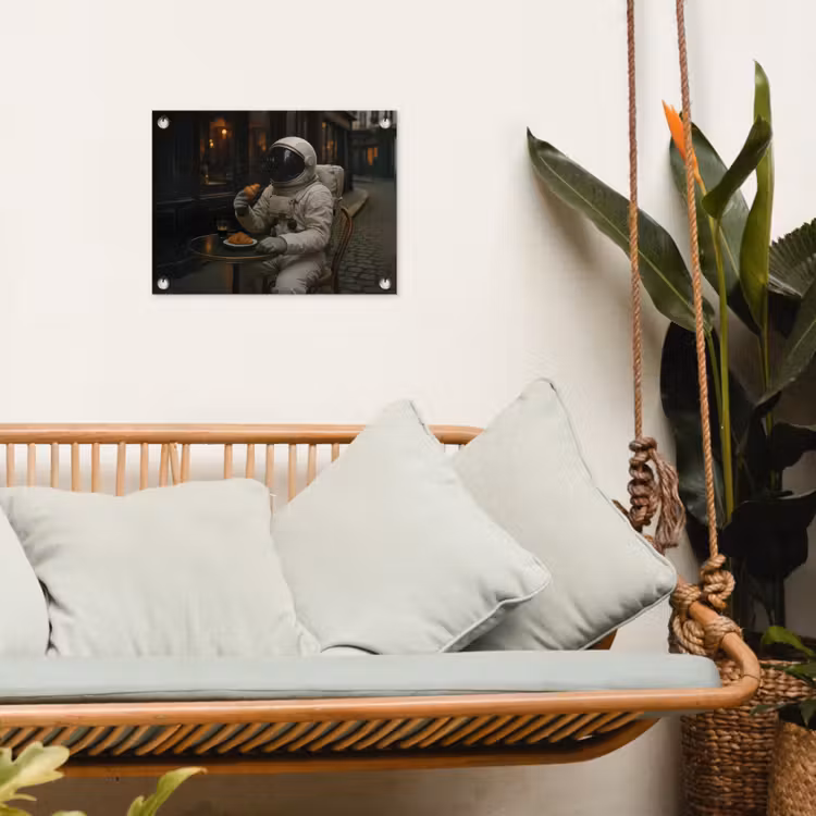 Café - Croissant - Koffie - Astronaut tuinposter los doek klein -sfeer7