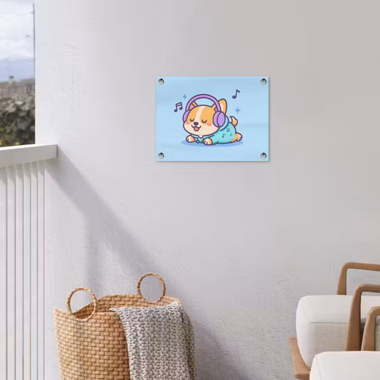 Corgi - Koptelefoon - Blauw - Muzieknoten tuinposter los doek klein -sfeer8