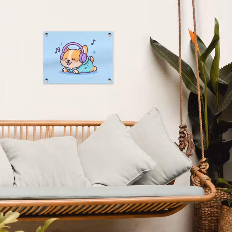 Corgi - Koptelefoon - Blauw - Muzieknoten tuinposter los doek klein -sfeer7