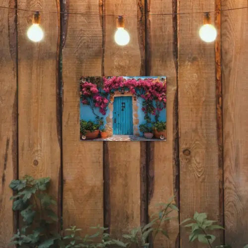 Deur - Hout - Bloemen - Blauw tuinposter los doek klein -sfeer1