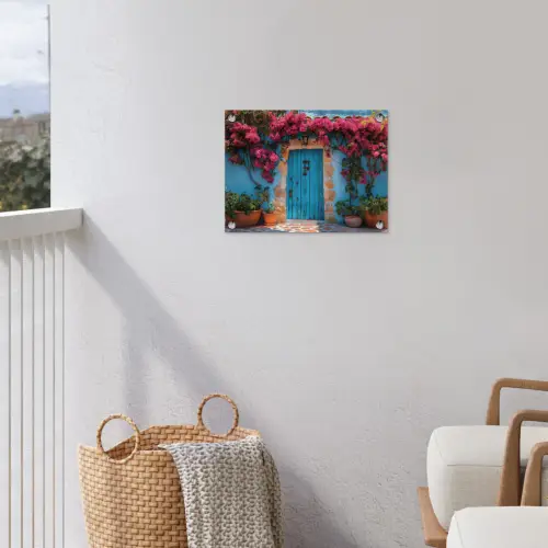 Deur - Hout - Bloemen - Blauw tuinposter los doek klein -sfeer8