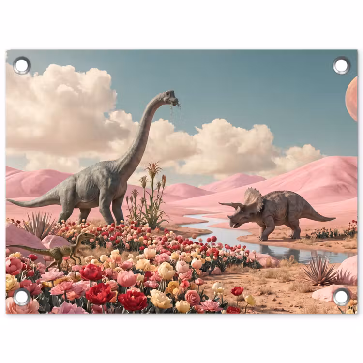 Tuinposter - Dinosaurus - Roze - Landschap - Dinosaurus - Roze - Landschap tuinposter los doek klein