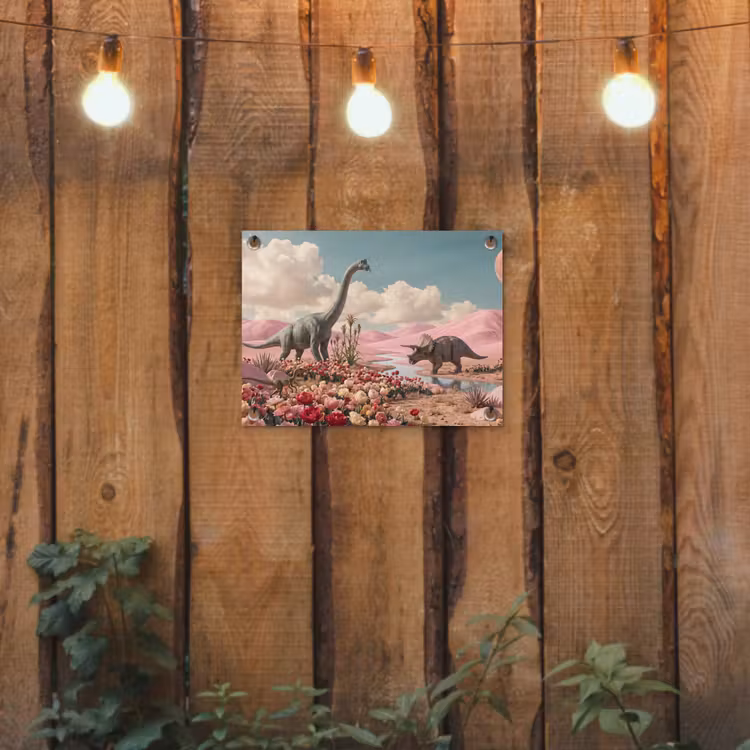 Tuinposter - Dinosaurus - Roze - Landschap - Dinosaurus - Roze - Landschap tuinposter los doek klein