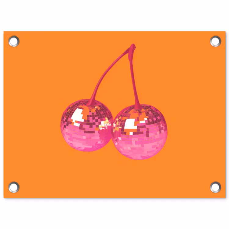Discoballen - Kers - Spiegels - Roze tuinposter los doek klein -3d