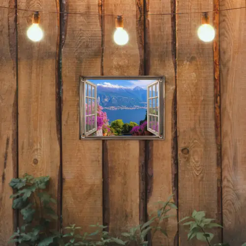 Doorkijk - Berg - Landschap - Uitzicht - Meer tuinposter los doek klein -sfeer1