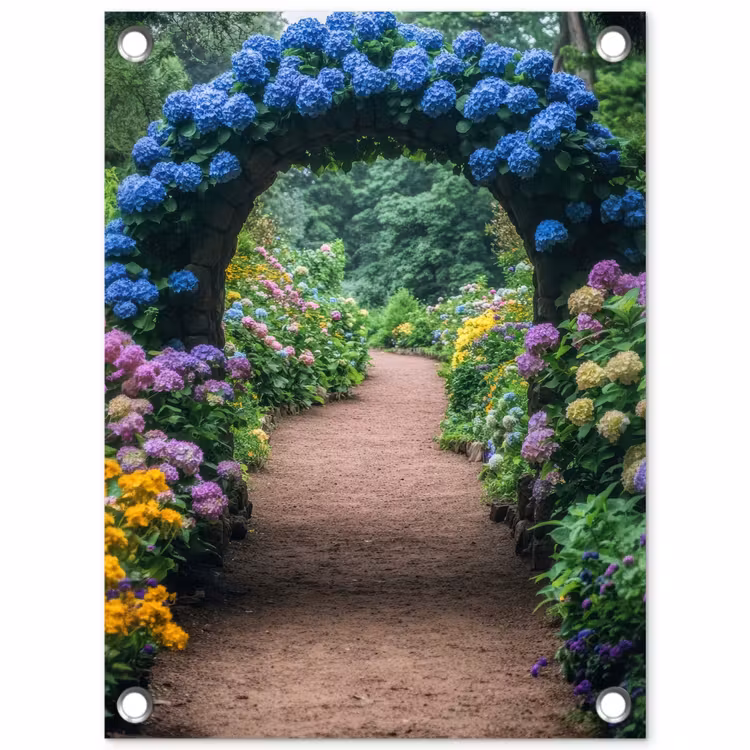 Doorkijk - Bloemen - Hortensia - Pad tuinposter los doek klein -3d
