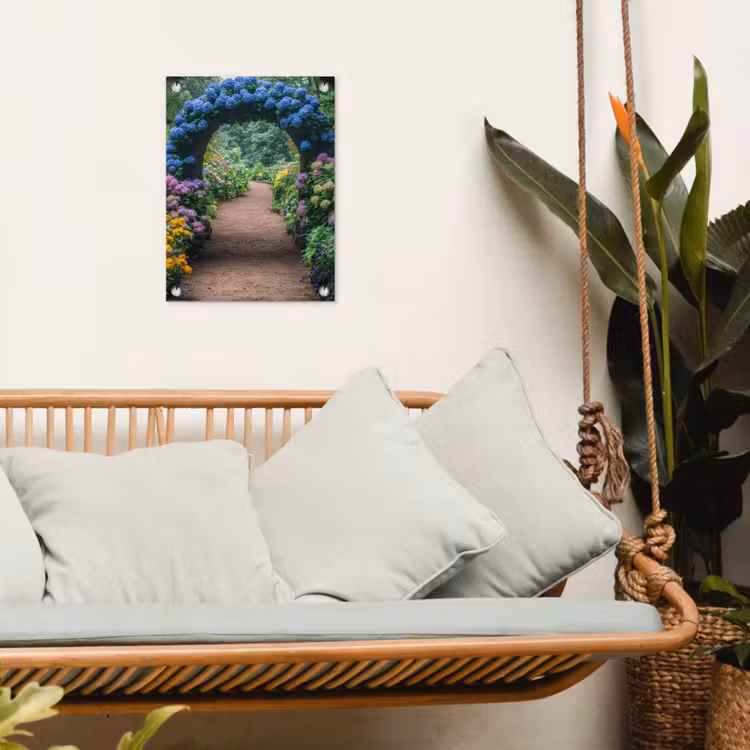 Doorkijk - Bloemen - Hortensia - Pad tuinposter los doek klein -sfeer7
