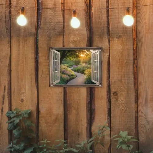 Doorkijk - Bloemen - Natuur - Zon - Pad tuinposter los doek klein -sfeer1