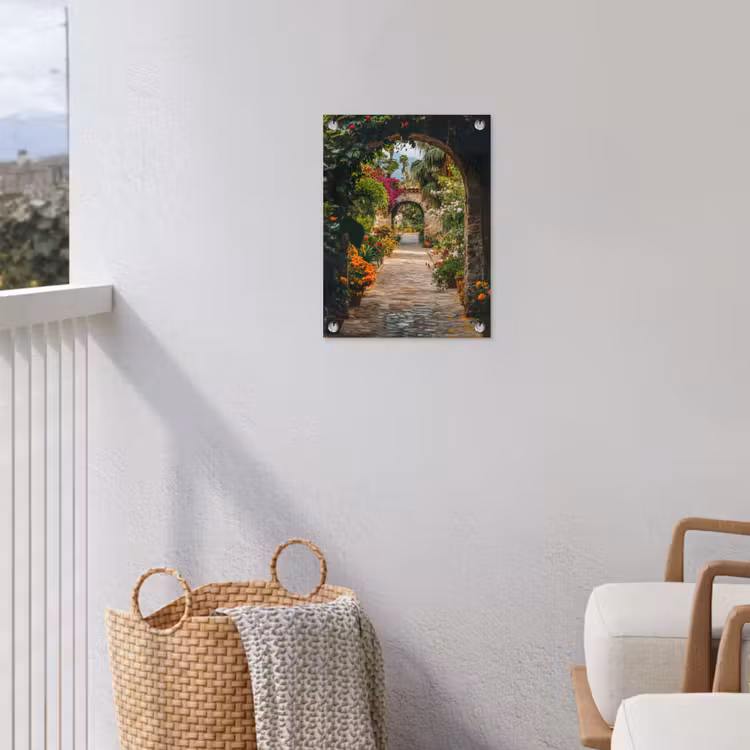 Doorkijk - Bloemen - Poort - Stenen tuinposter los doek klein -sfeer8
