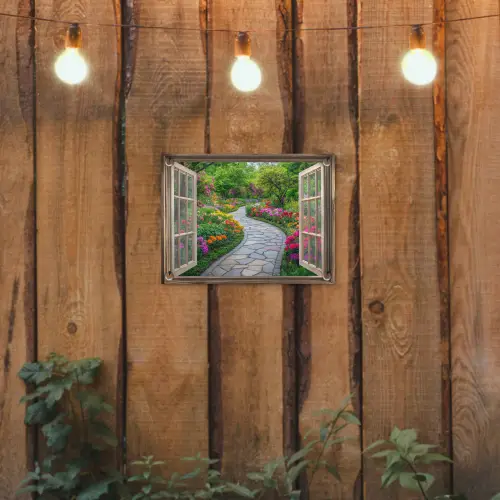 Doorkijk - Bloemen - Tuinpad - Natuur - Raam tuinposter los doek klein -sfeer1