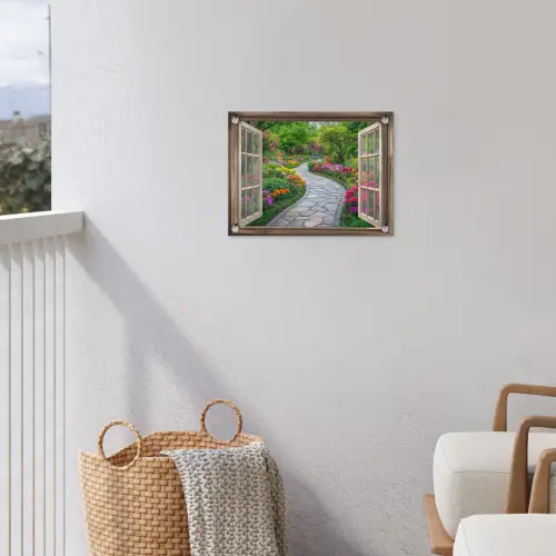 Doorkijk - Bloemen - Tuinpad - Natuur - Raam tuinposter los doek klein -sfeer8