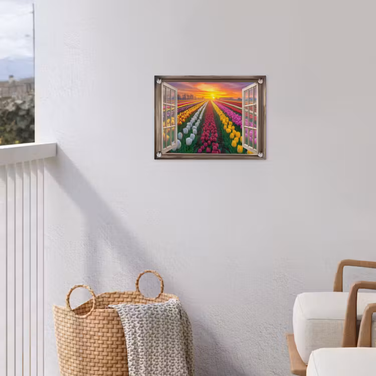 Doorkijk - Bloemen - Tulpen - Kleurrijk - Zonsondergang tuinposter los doek klein -sfeer8